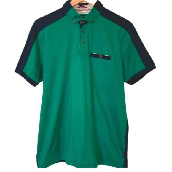 Ted Baker Cotton Polo Green Navy Blue Colorblock Size 4 Men’s Large - Picture 1 of 11